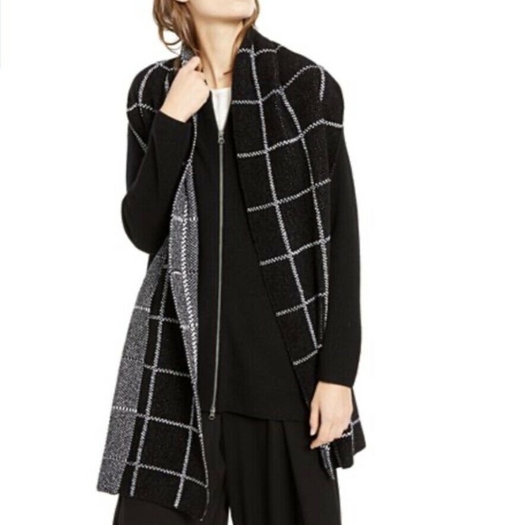 NWT Eileen Fisher Women's ORGANIC COTTON CHENILLE CHECK SCARF WRAP Black White - Picture 5 of 7